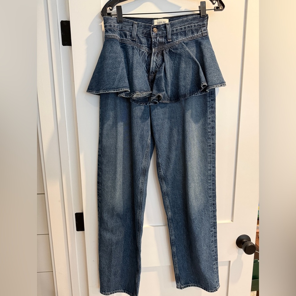 Agolde Blue Ruffle Waist Straight-Leg Jeans